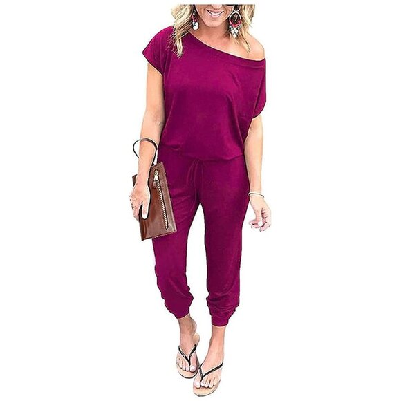Pants - Women's Loose Solid Off Shoulder Elastic Waist Stretchy Purple